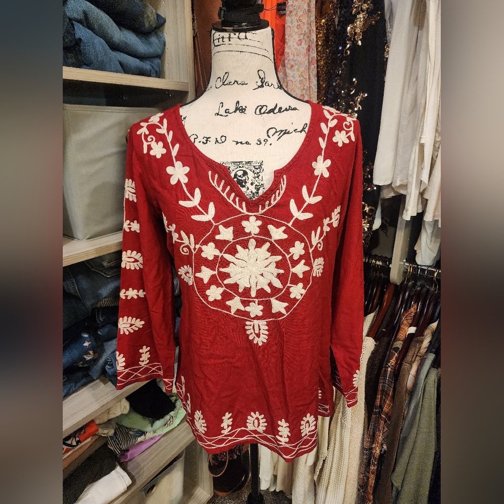 Scully Red and White Embroidered Blouse